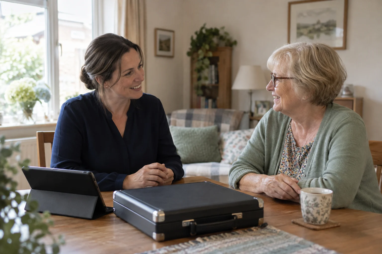 Illustrative home visit: an optician talking with an older woman in her living room